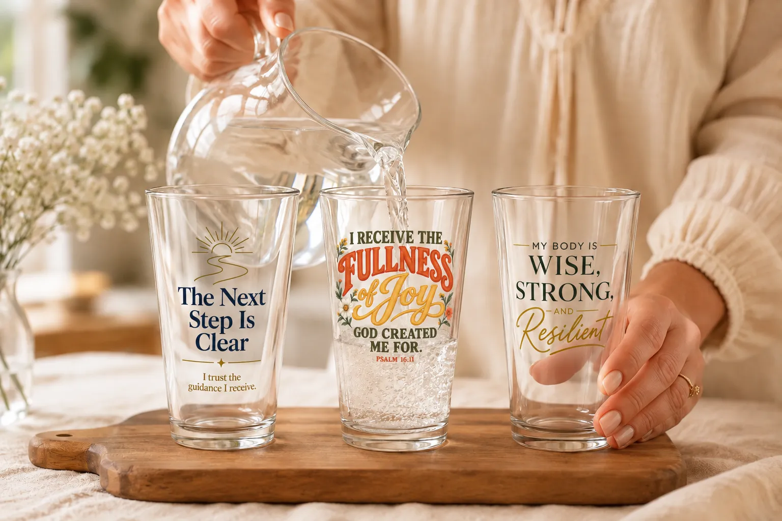 Water being poured into three affirmation pint glasses on a wooden board